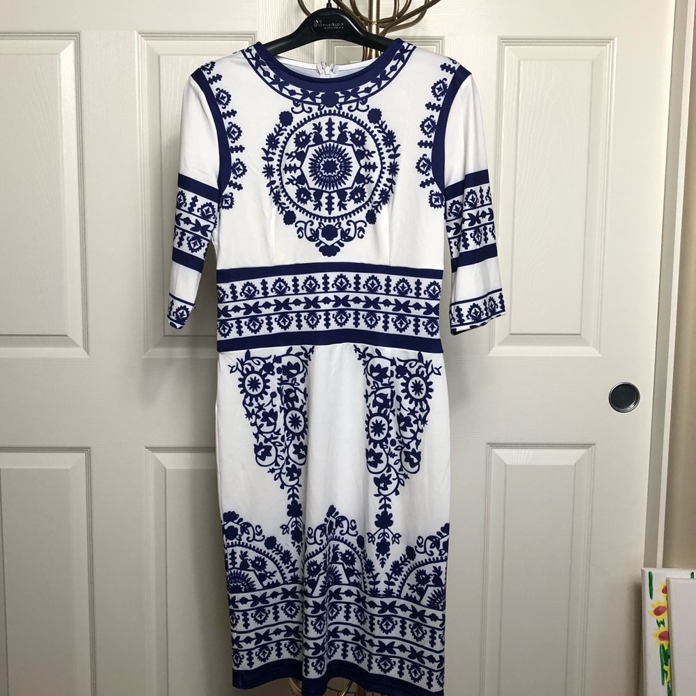 Calvin Klein White and Blue Dress